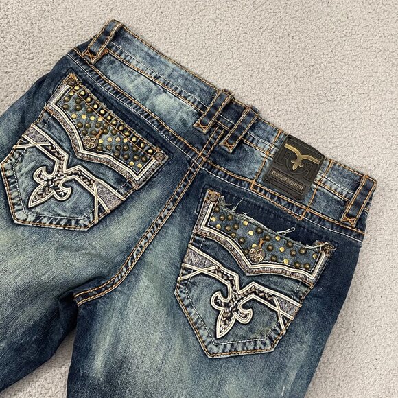 Rock Revival Rand Taper Jeans Men 36x34 Blue Tie Dye Studded Stretch Denim - Picture 6 of 12